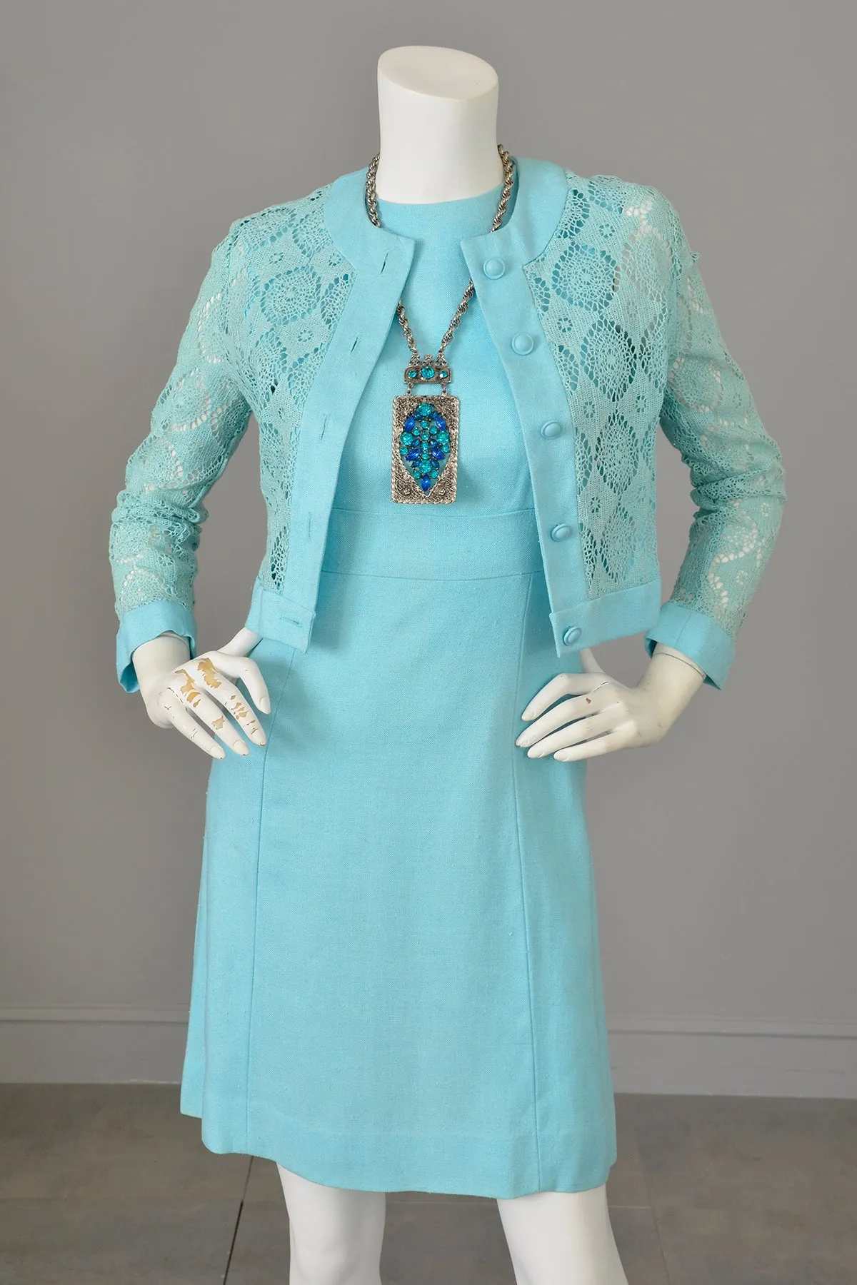 1970s Sky Blue Scooter Dress and Matching Crochet Lace Blouse Jacket