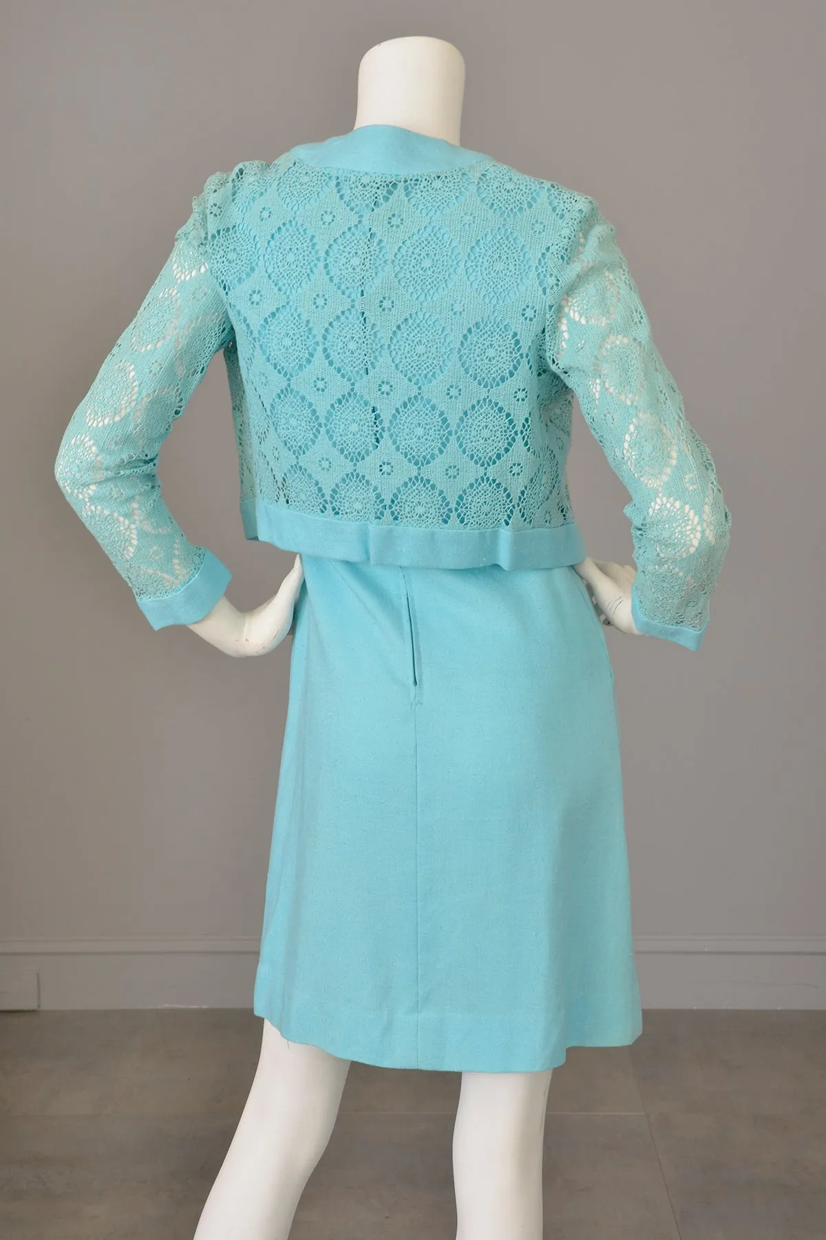 1970s Sky Blue Scooter Dress and Matching Crochet Lace Blouse Jacket