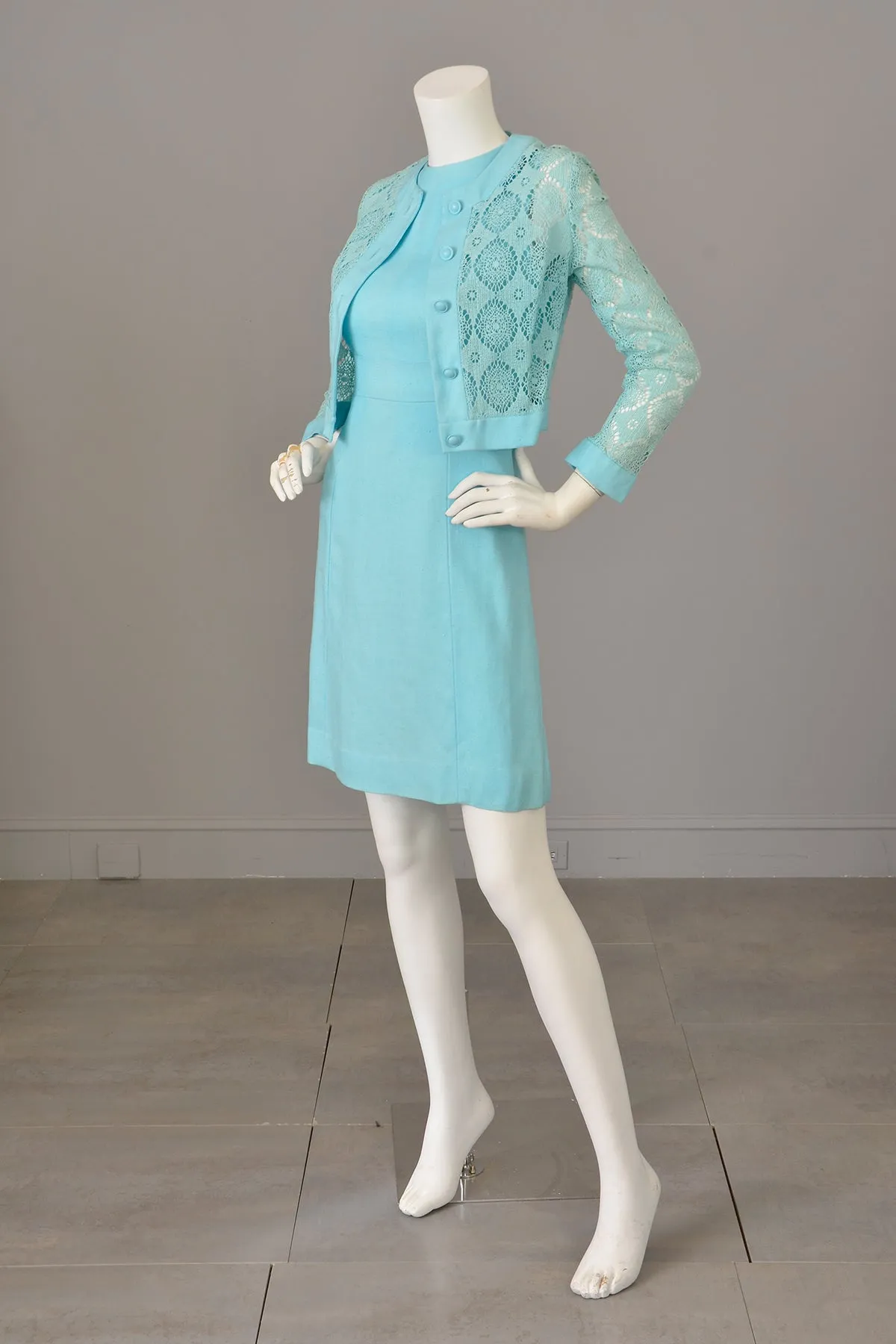 1970s Sky Blue Scooter Dress and Matching Crochet Lace Blouse Jacket