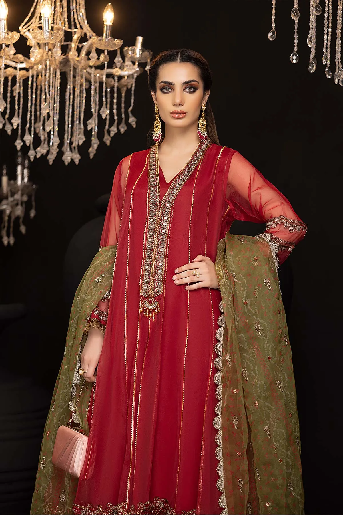 3-Pc Long Front Open Gown With Raw Silk Gharara and Embroidered Dupatta CMA22-61