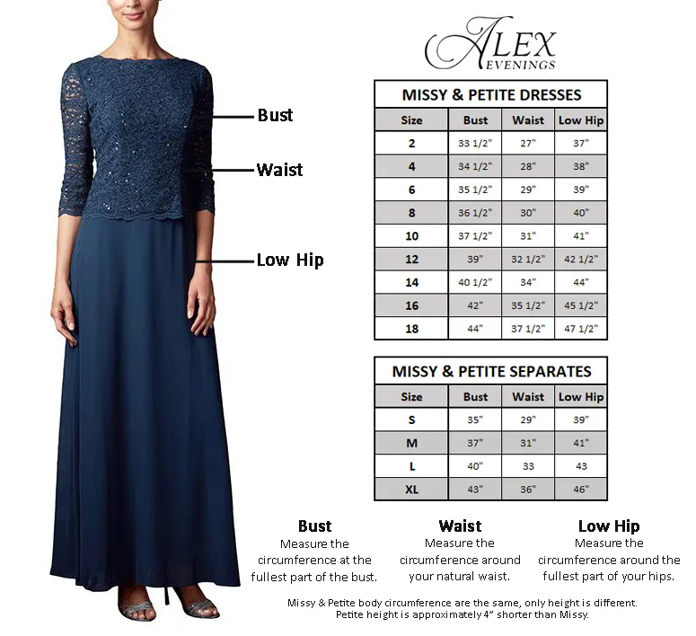 Alex Evenings Long Illusion 3/4'' Sleeve Side Ruched Dress w/ Embellished Neckline