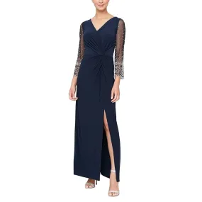 Alex Evenings Long Surplice Neckline Dress w/ Embellished Illusion Sleeves, Knot Front