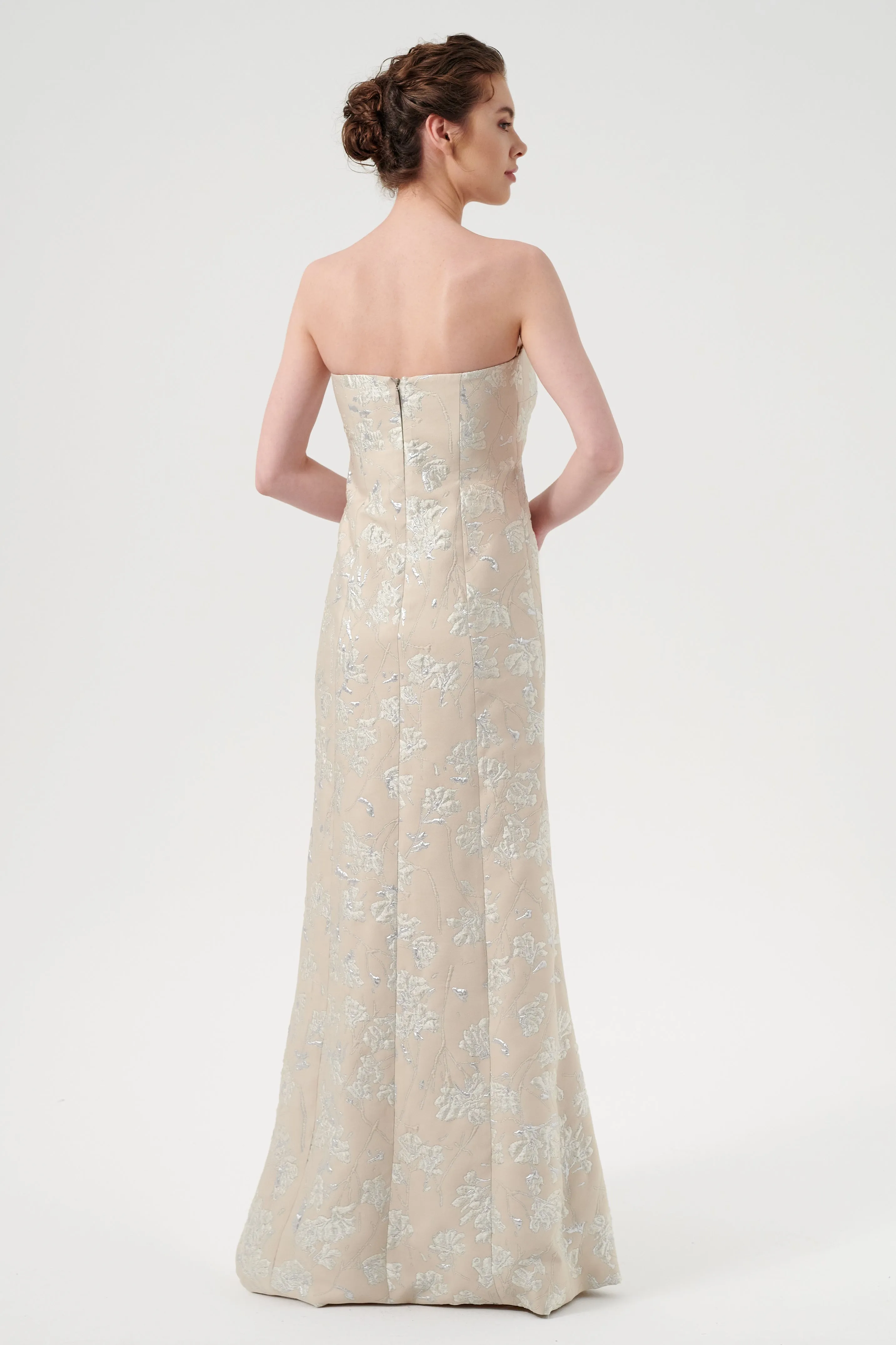 Asymmetric Pleated Strapless Bodice And A Long Column-Wrapped Floral Jacquard Gown