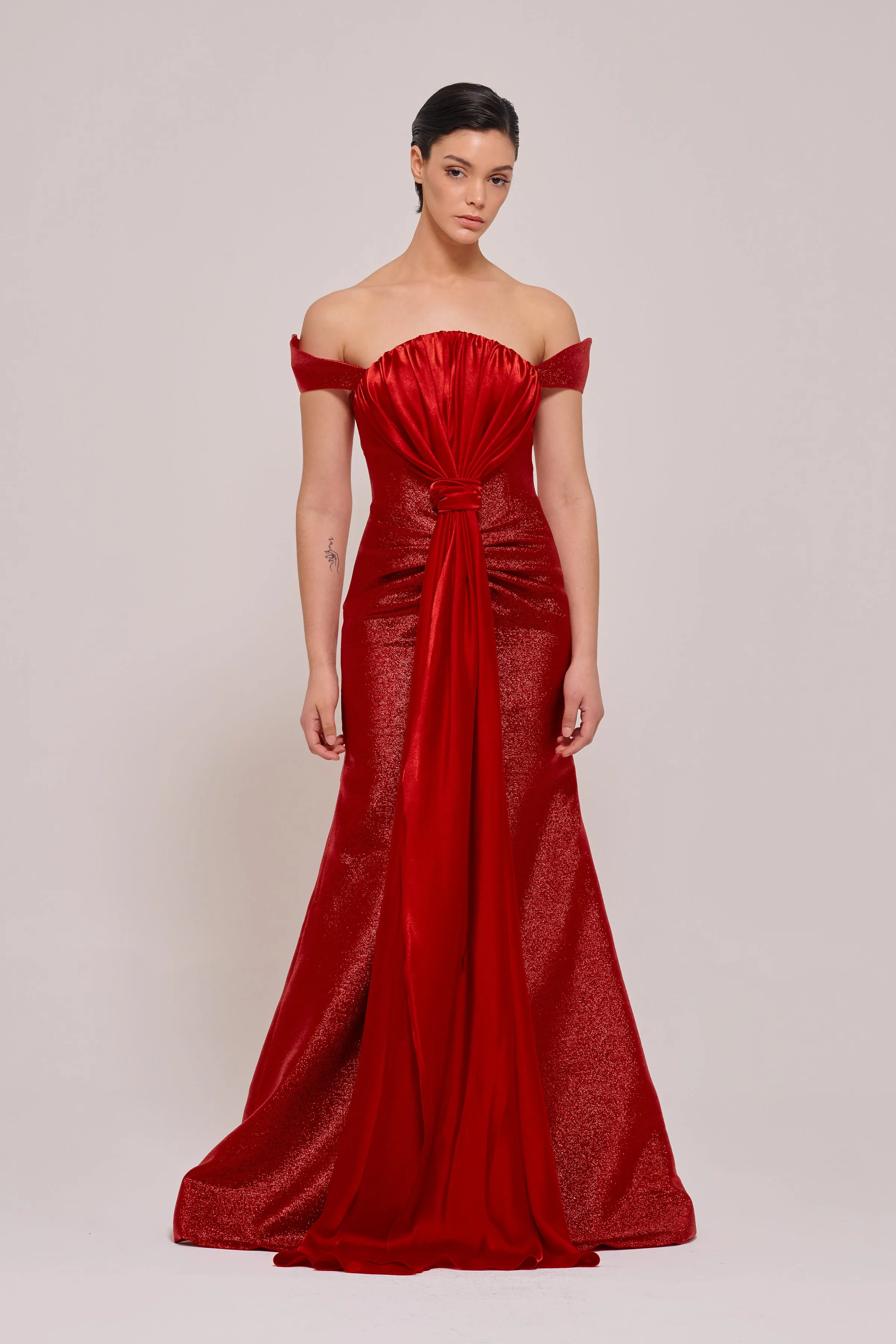 Asymmetric Shoulder Draped Long Red Gown