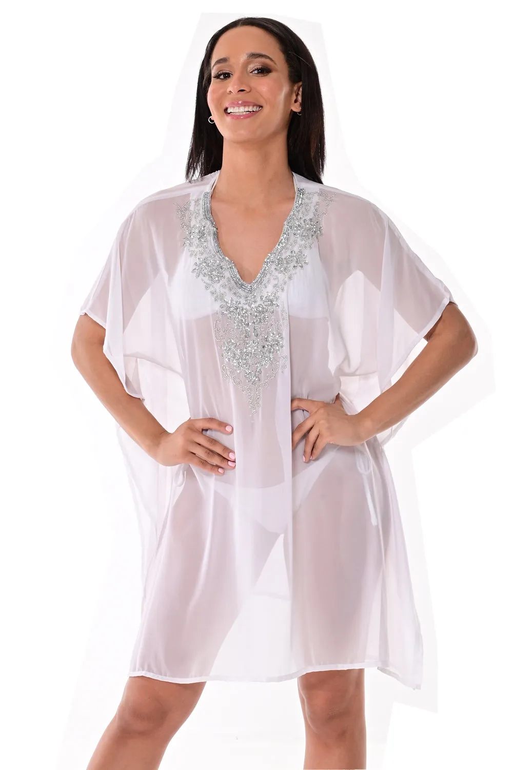 Azucar Ladies Embellished Kaftan Beach Tunic Shear w/Scalloped V-neck in (3) Colors - LPT1733