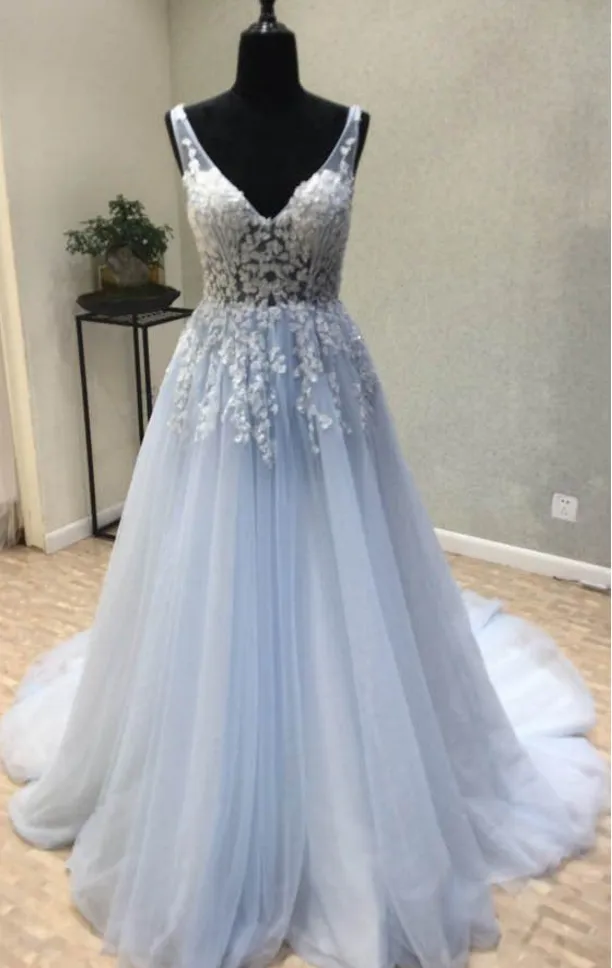 Beautiful Blue Tulle Long Party Dress, Blue Formal Gown