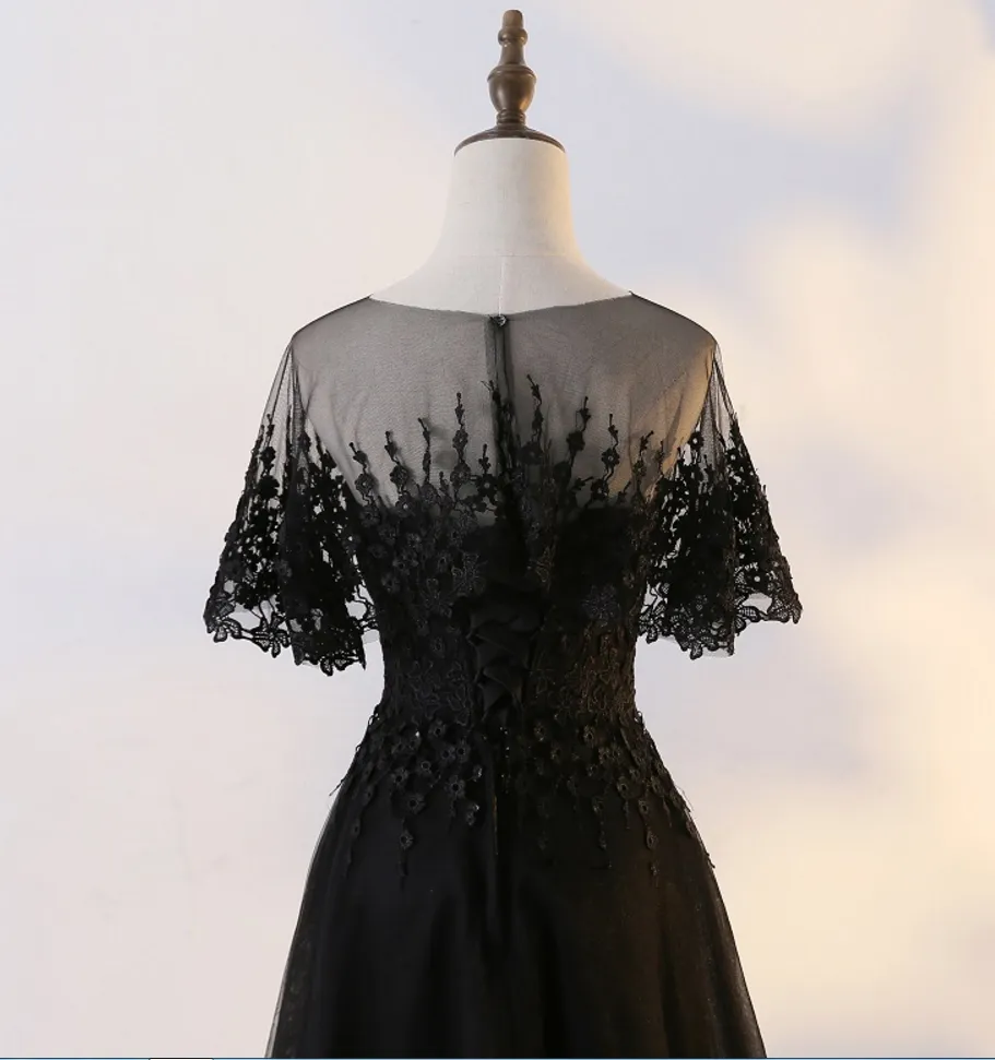 Black Tulle Long Party Dress with Lace Applique, Black Formal Gown