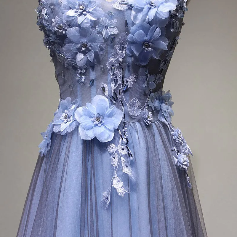 Blue-Grey V-neckline Floral Tulle Long Party Dress, Charming Formal Gown