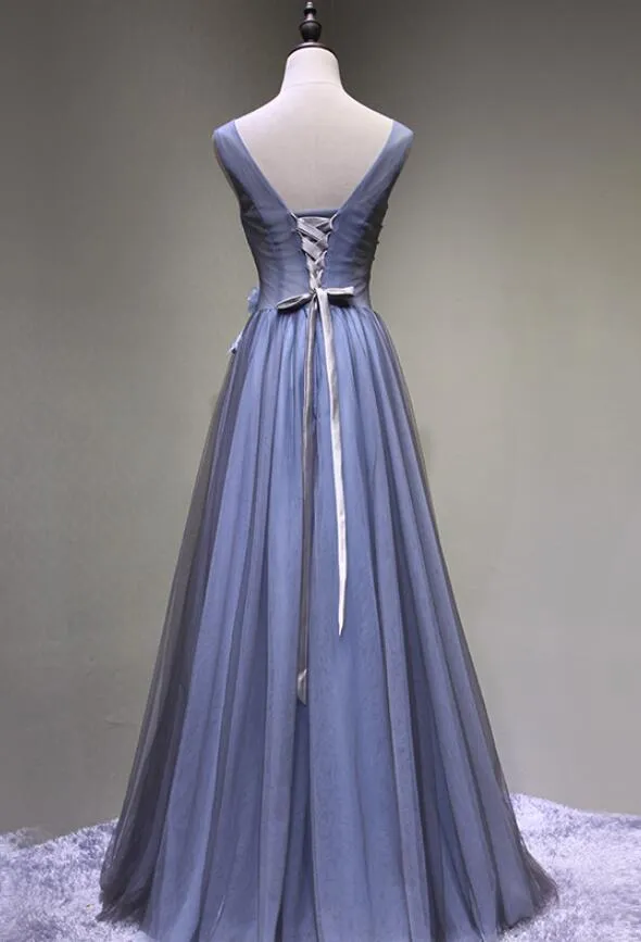 Blue-Grey V-neckline Floral Tulle Long Party Dress, Charming Formal Gown