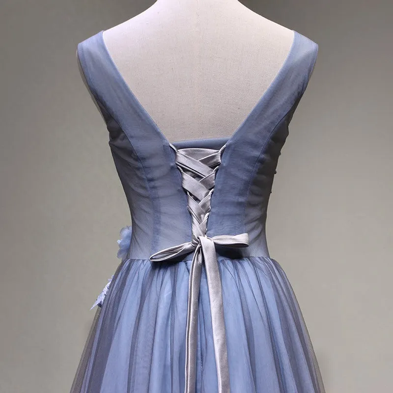 Blue-Grey V-neckline Floral Tulle Long Party Dress, Charming Formal Gown