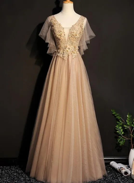 Champagne Tulle Long Bridesmaid Dress, Long Formal Gown