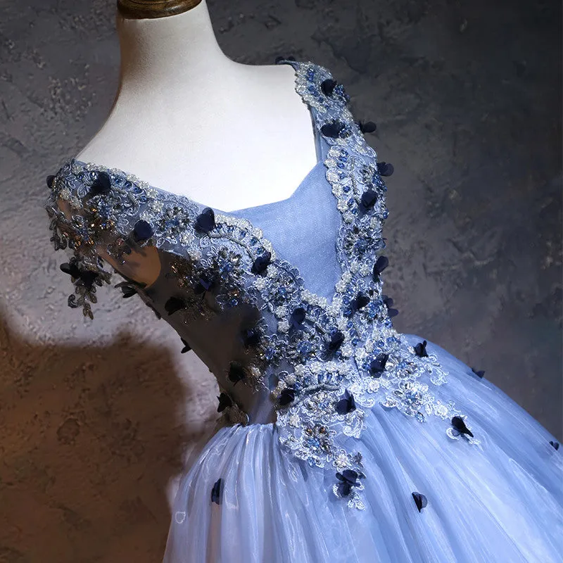 Charming Blue Ball Gown Lace Long Formal Dress, Blue Tulle Sweet 16 Dress with Flowers