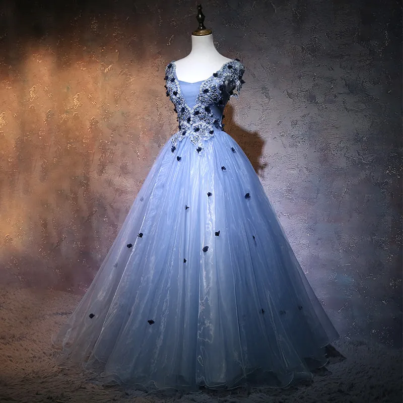 Charming Blue Ball Gown Lace Long Formal Dress, Blue Tulle Sweet 16 Dress with Flowers