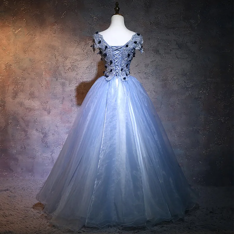 Charming Blue Ball Gown Lace Long Formal Dress, Blue Tulle Sweet 16 Dress with Flowers