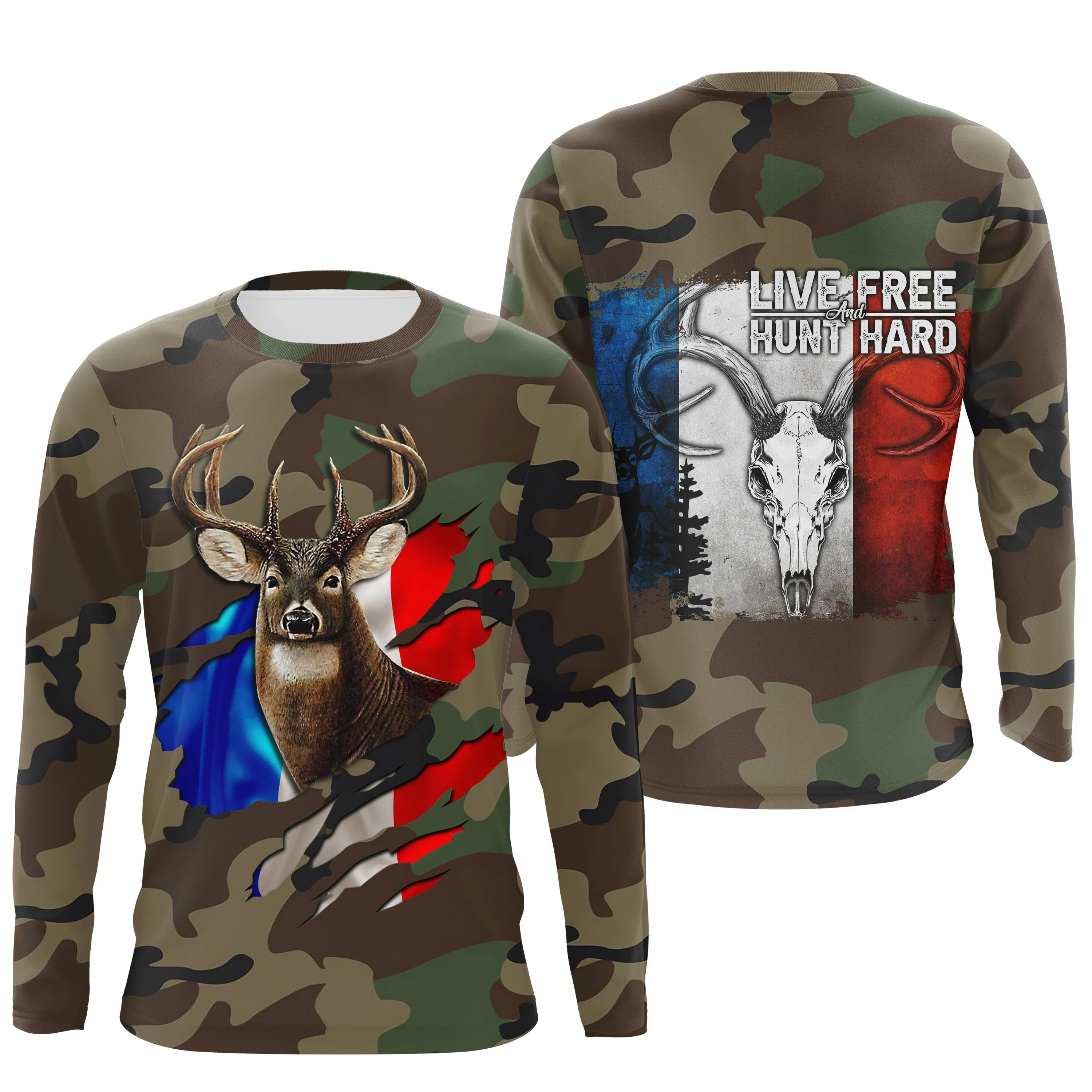 Chasse aux Cerfs, Camouflage Militaire Chasse, Cadeau Chasseurs, Live Free - Hunt Hard, Tee Shirt, Sweat à capuche, Vêtement Ant