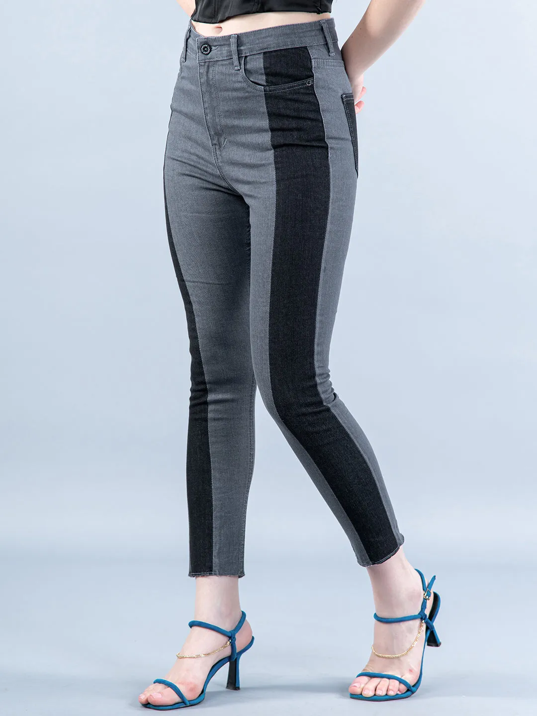 Colorblock Chess Skinny Fit Jeans For Women