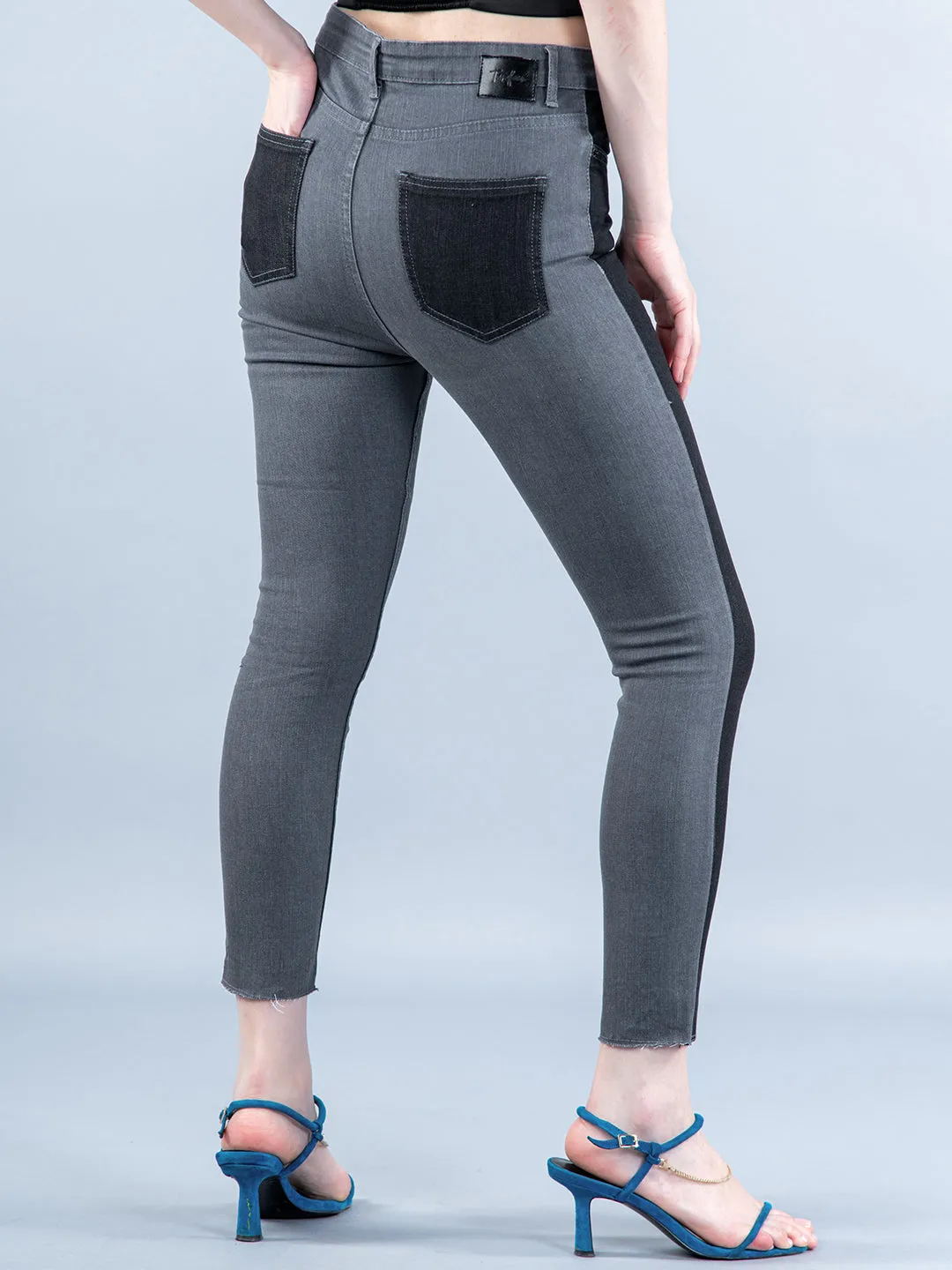 Colorblock Chess Skinny Fit Jeans For Women