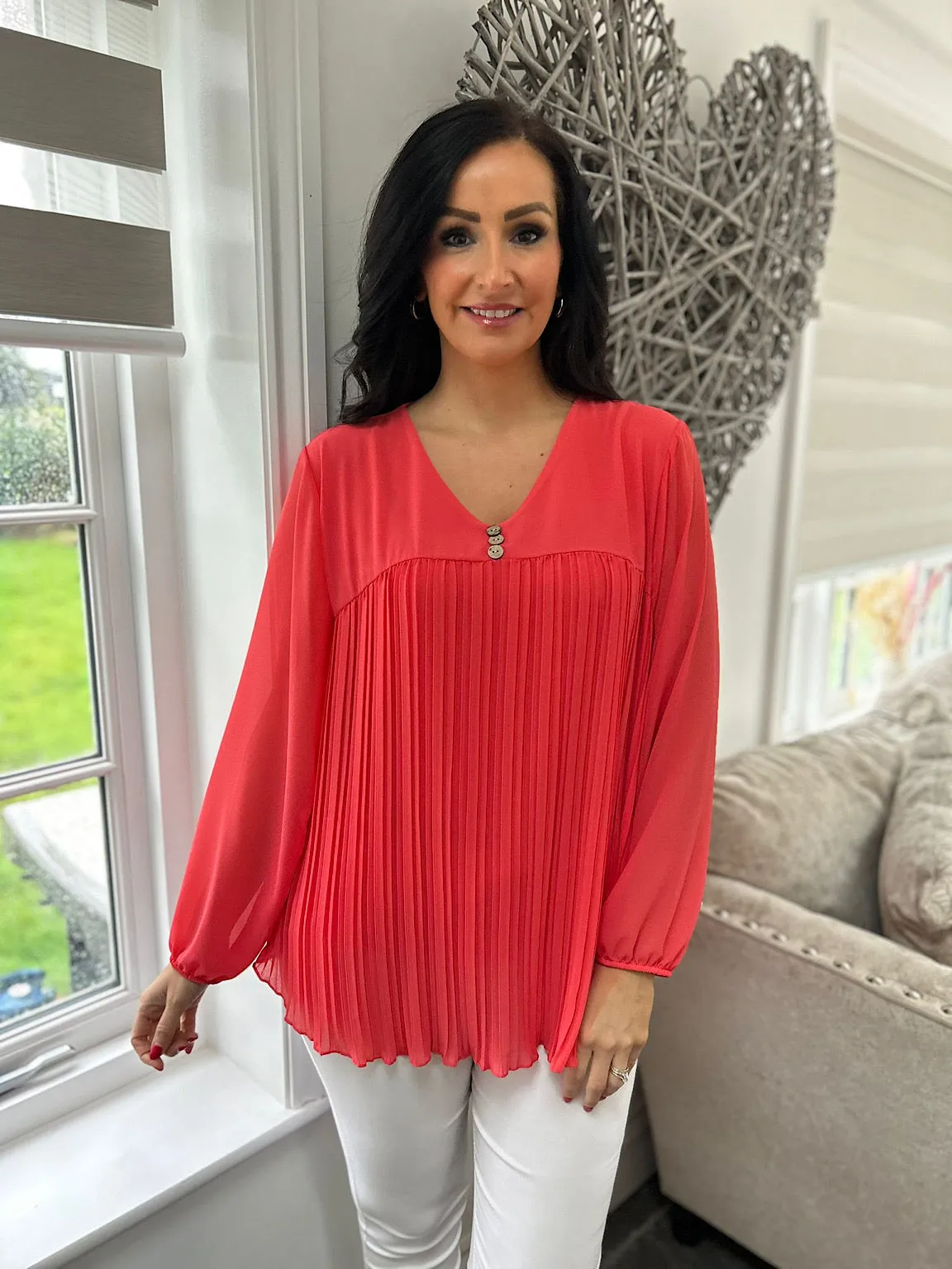 Coral Button Pleated Blouse Hilary