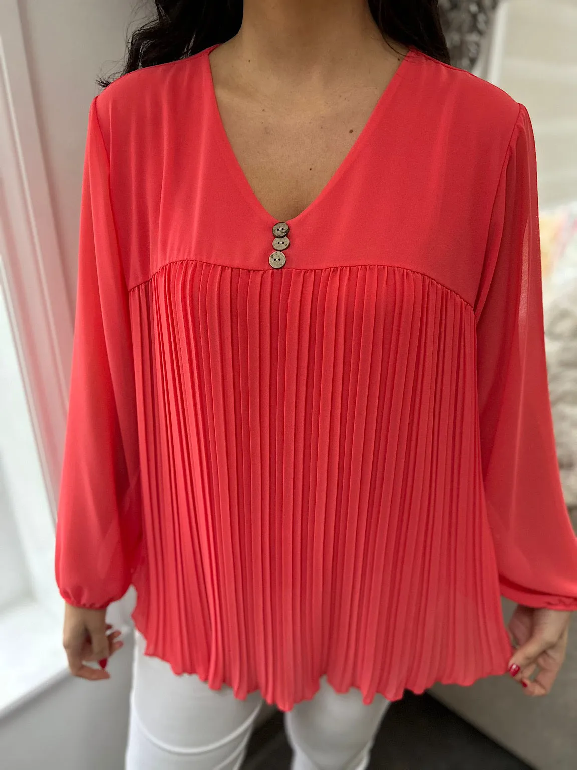 Coral Button Pleated Blouse Hilary