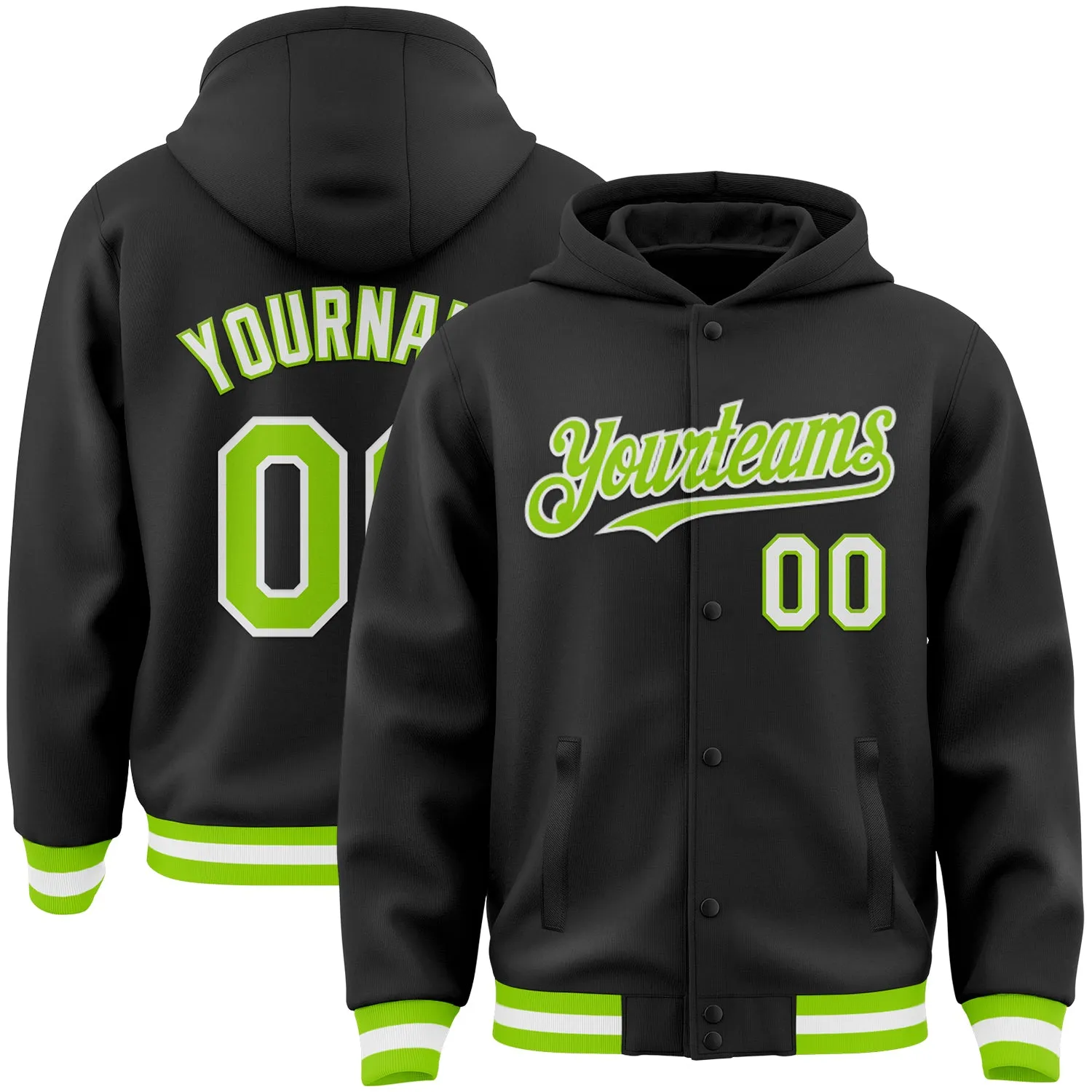 Custom Black Neon Green-White Bomber Full-Snap Varsity Letterman Hoodie Jacket