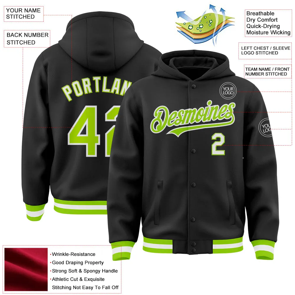 Custom Black Neon Green-White Bomber Full-Snap Varsity Letterman Hoodie Jacket