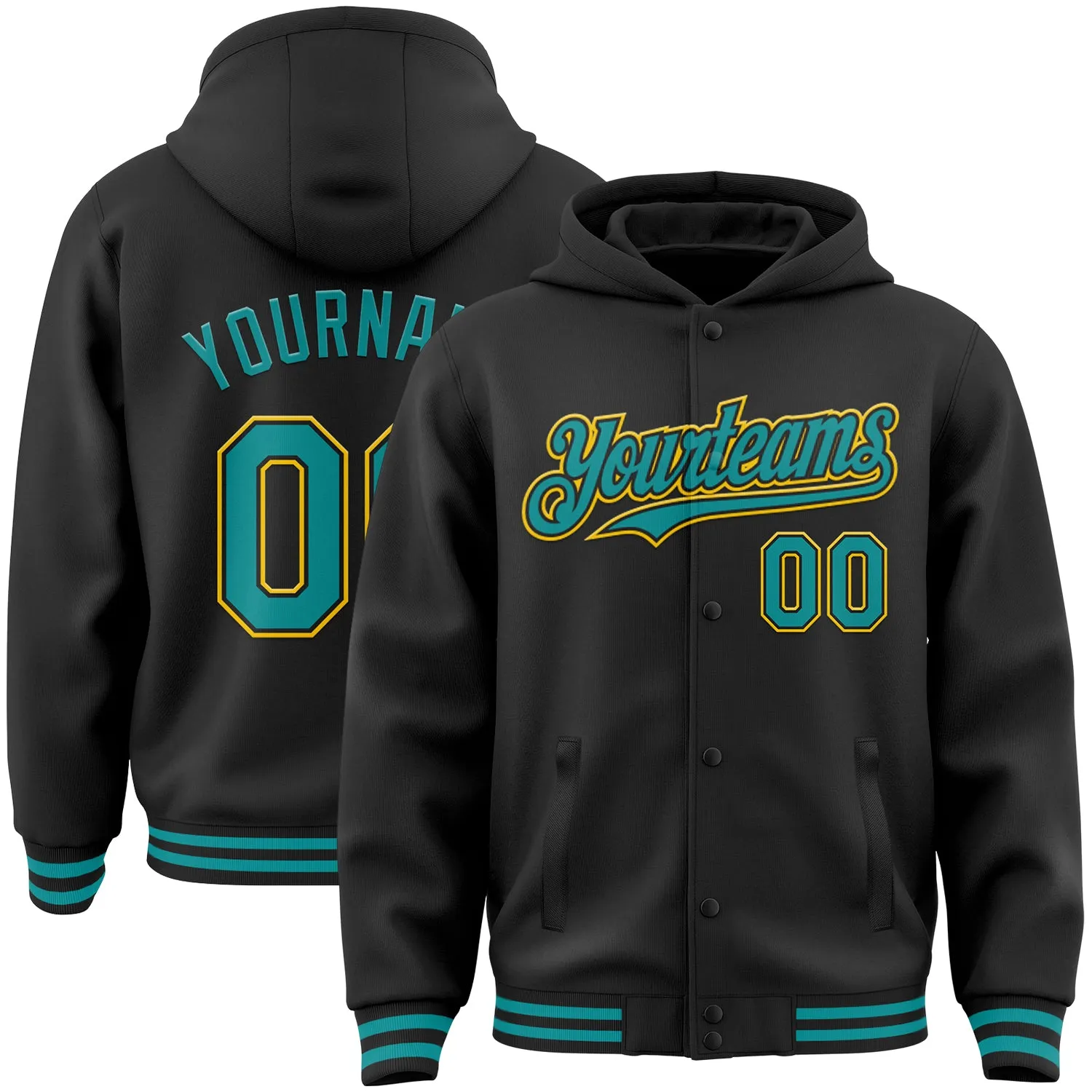 Custom Black Teal-Yellow Bomber Full-Snap Varsity Letterman Hoodie Jacket