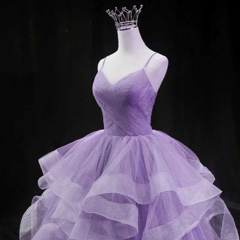 Cute Light Purple Tulle Long Layers Straps Party Dress, Sweet 16 Formal Gown