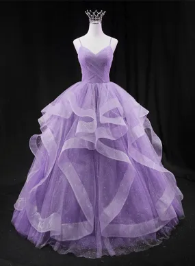 Cute Light Purple Tulle Long Layers Straps Party Dress, Sweet 16 Formal Gown