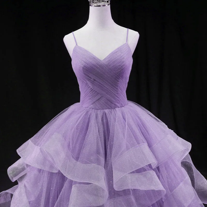 Cute Light Purple Tulle Long Layers Straps Party Dress, Sweet 16 Formal Gown