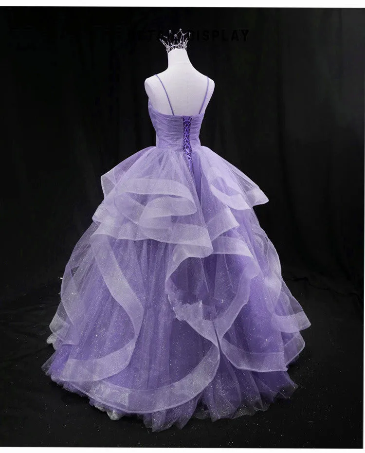 Cute Light Purple Tulle Long Layers Straps Party Dress, Sweet 16 Formal Gown