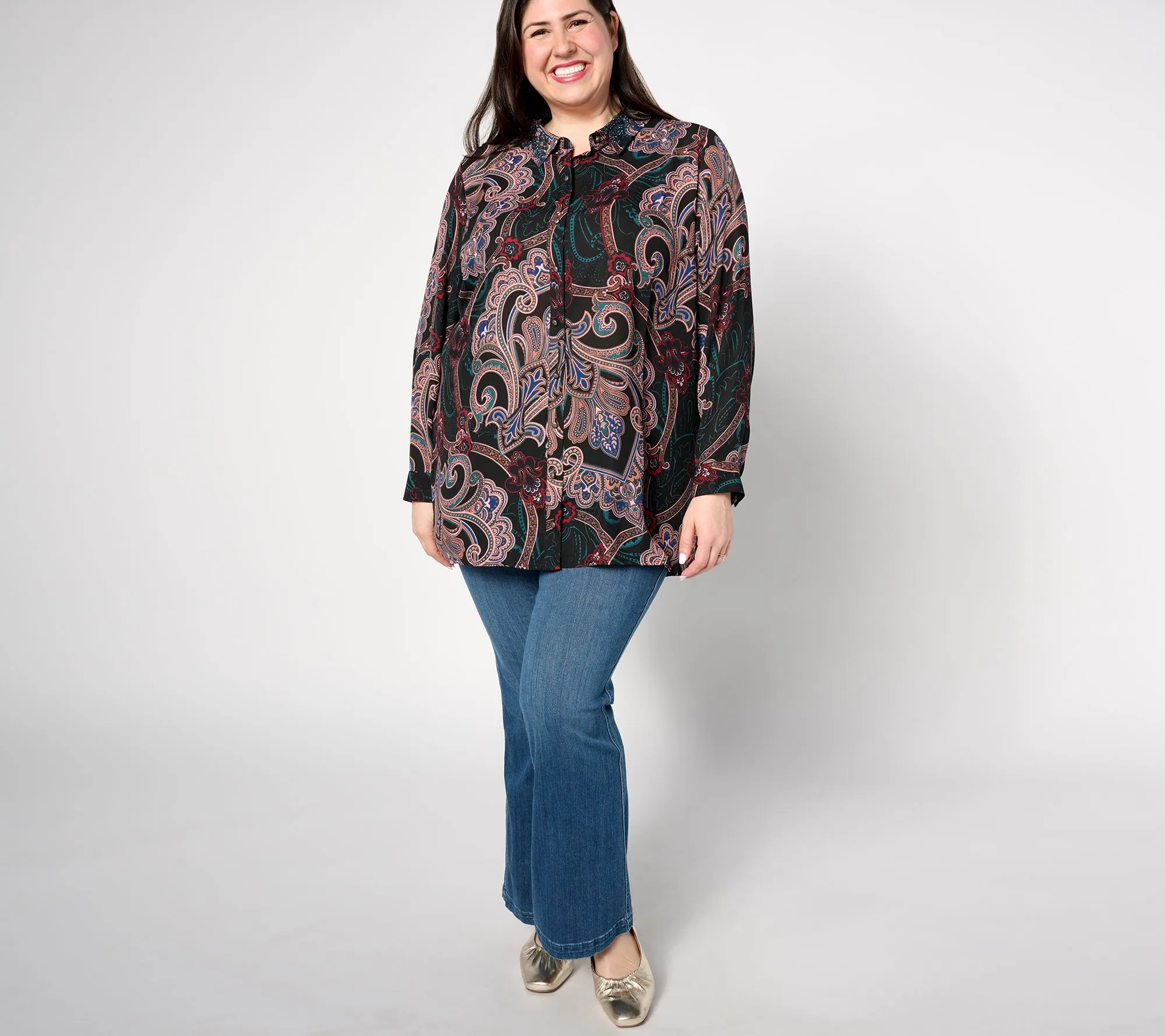 Denim & Co. Canyon Retreat Printed Tunic w/ Embellished Collar