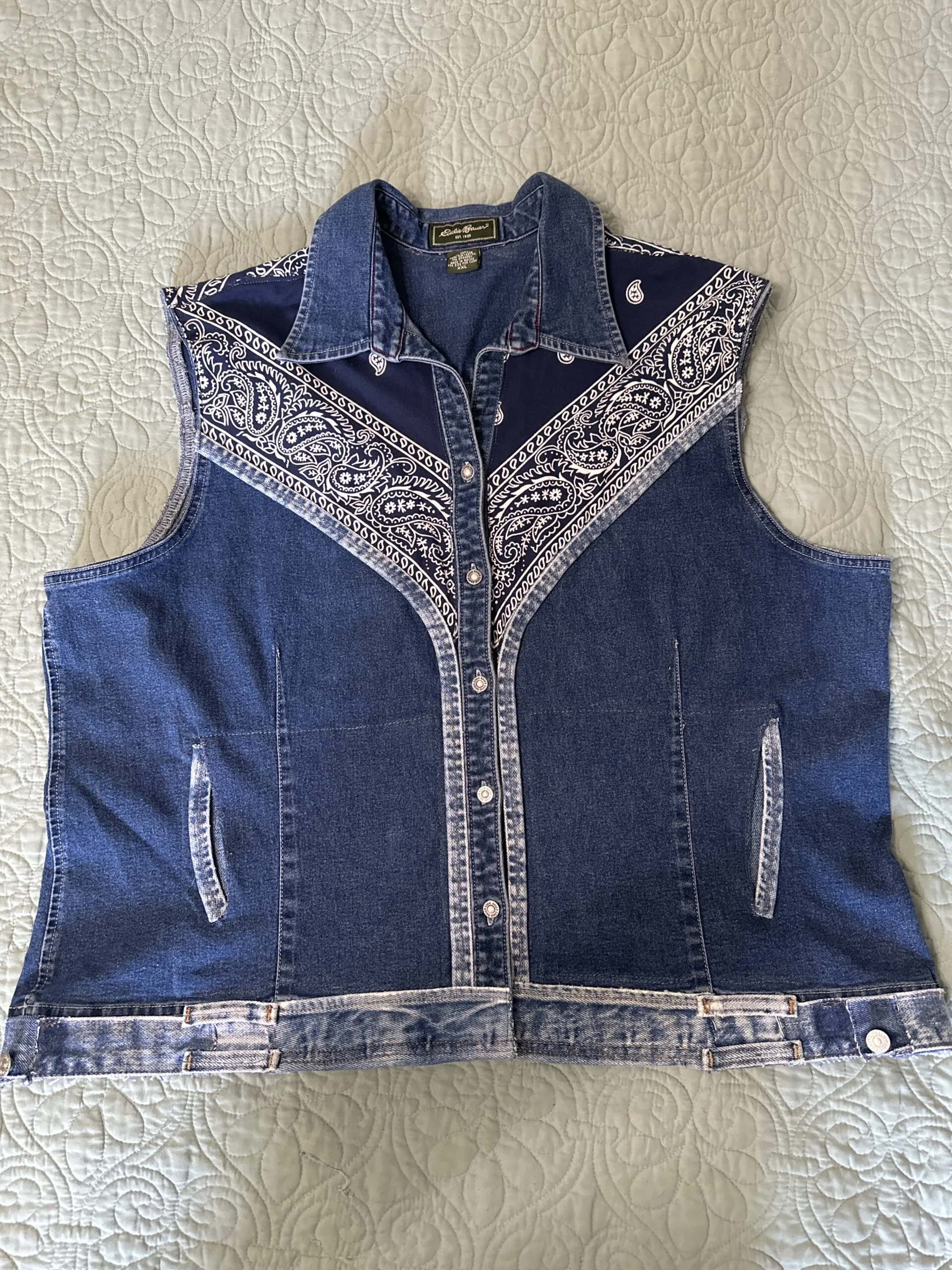 Denim vest embellished w/ bandana, denim trim pearl rhinestones on the buttons