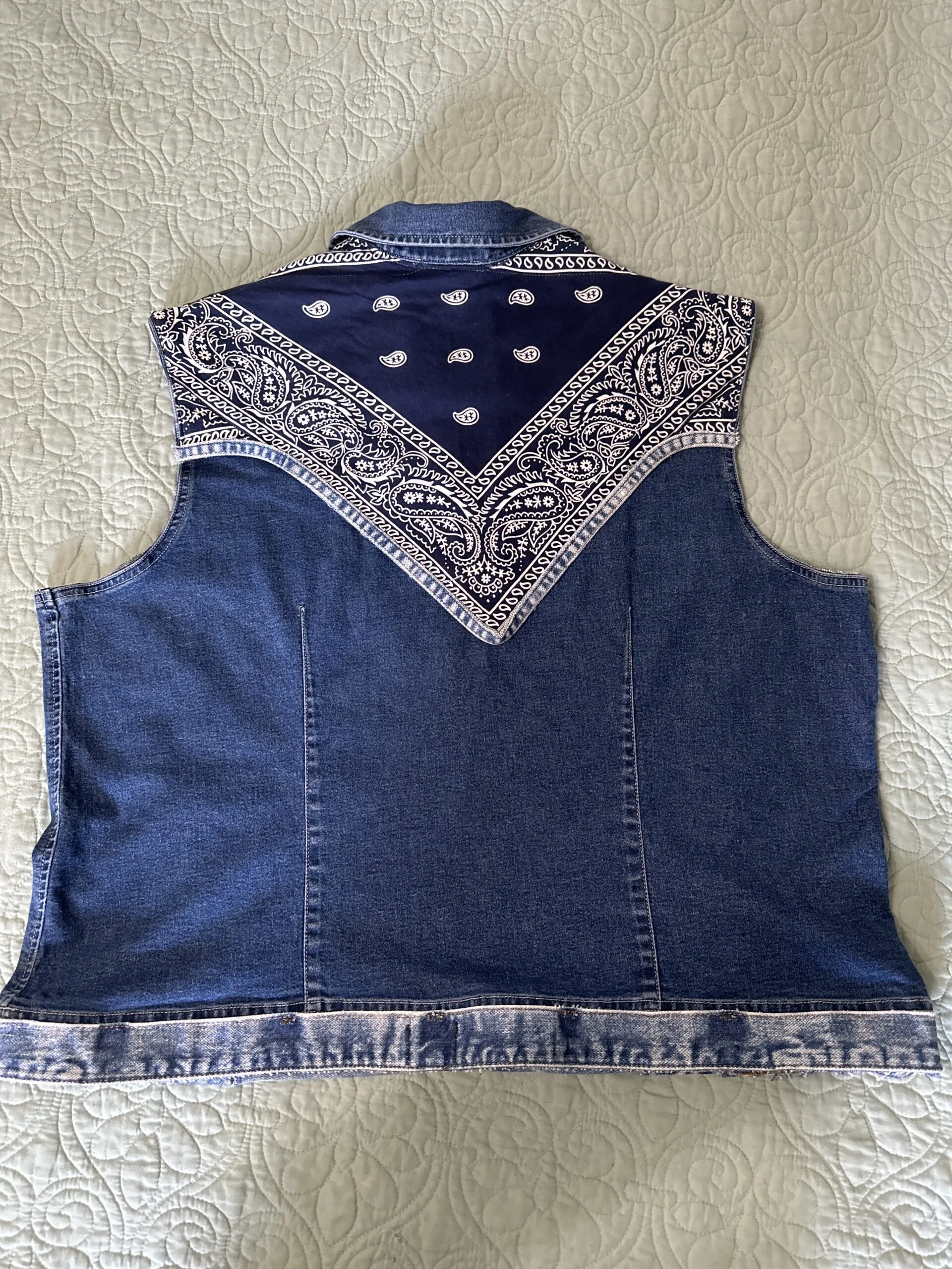 Denim vest embellished w/ bandana, denim trim pearl rhinestones on the buttons