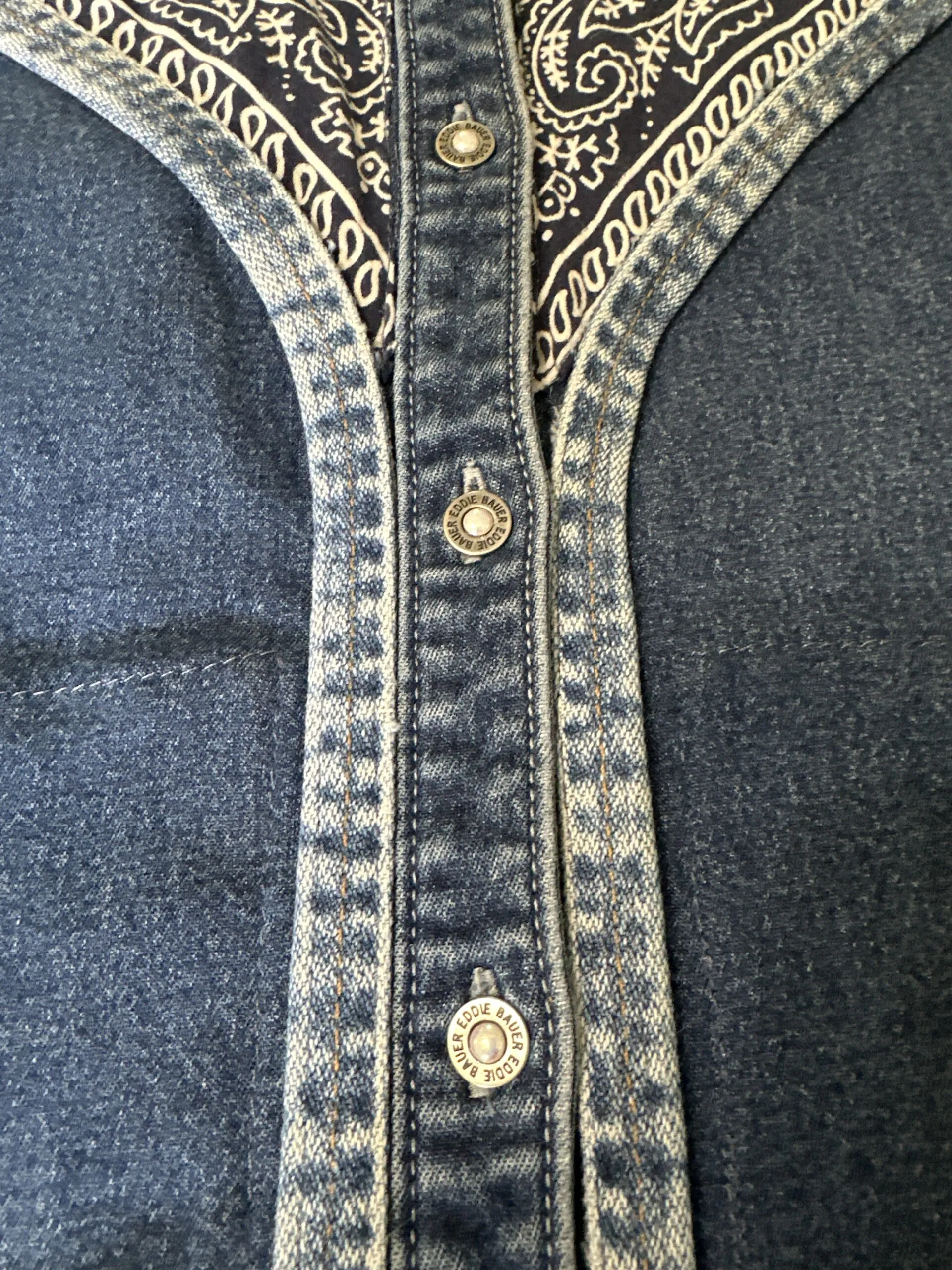 Denim vest embellished w/ bandana, denim trim pearl rhinestones on the buttons