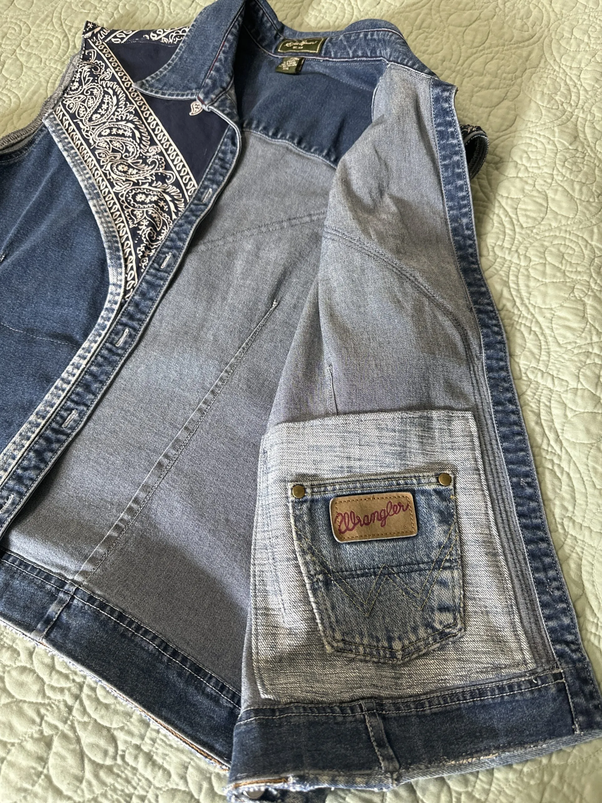 Denim vest embellished w/ bandana, denim trim pearl rhinestones on the buttons