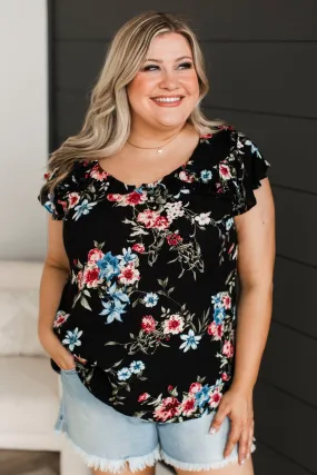 Elevated Evenings Floral Ruffle Top- Black