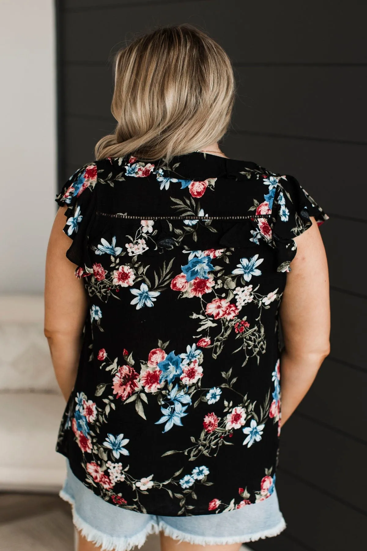 Elevated Evenings Floral Ruffle Top- Black