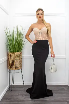 Embellished Rhinestone W Fringe Blazer Black Maxi Dress