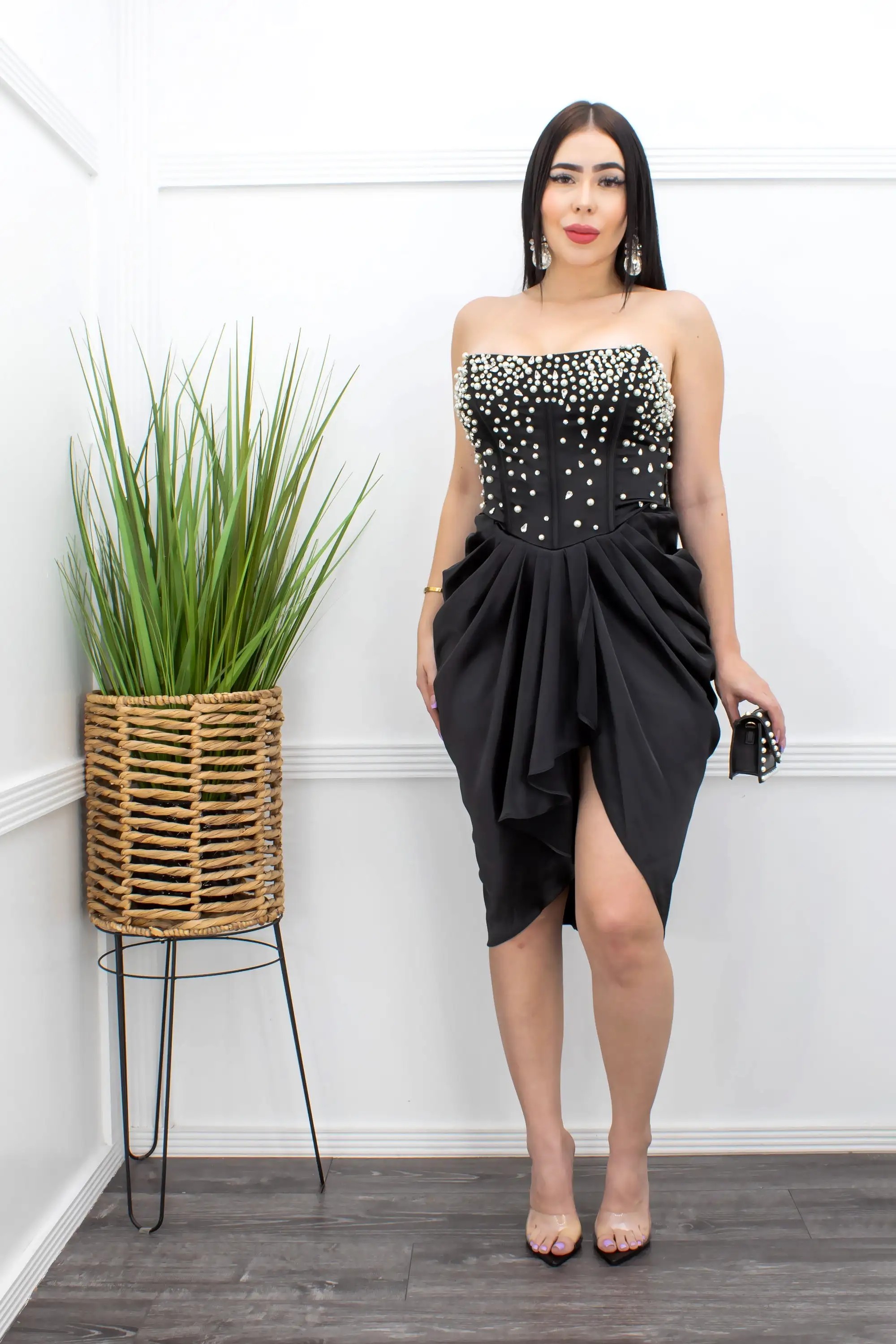 Embellished W Pearl Strapless Mini Dress