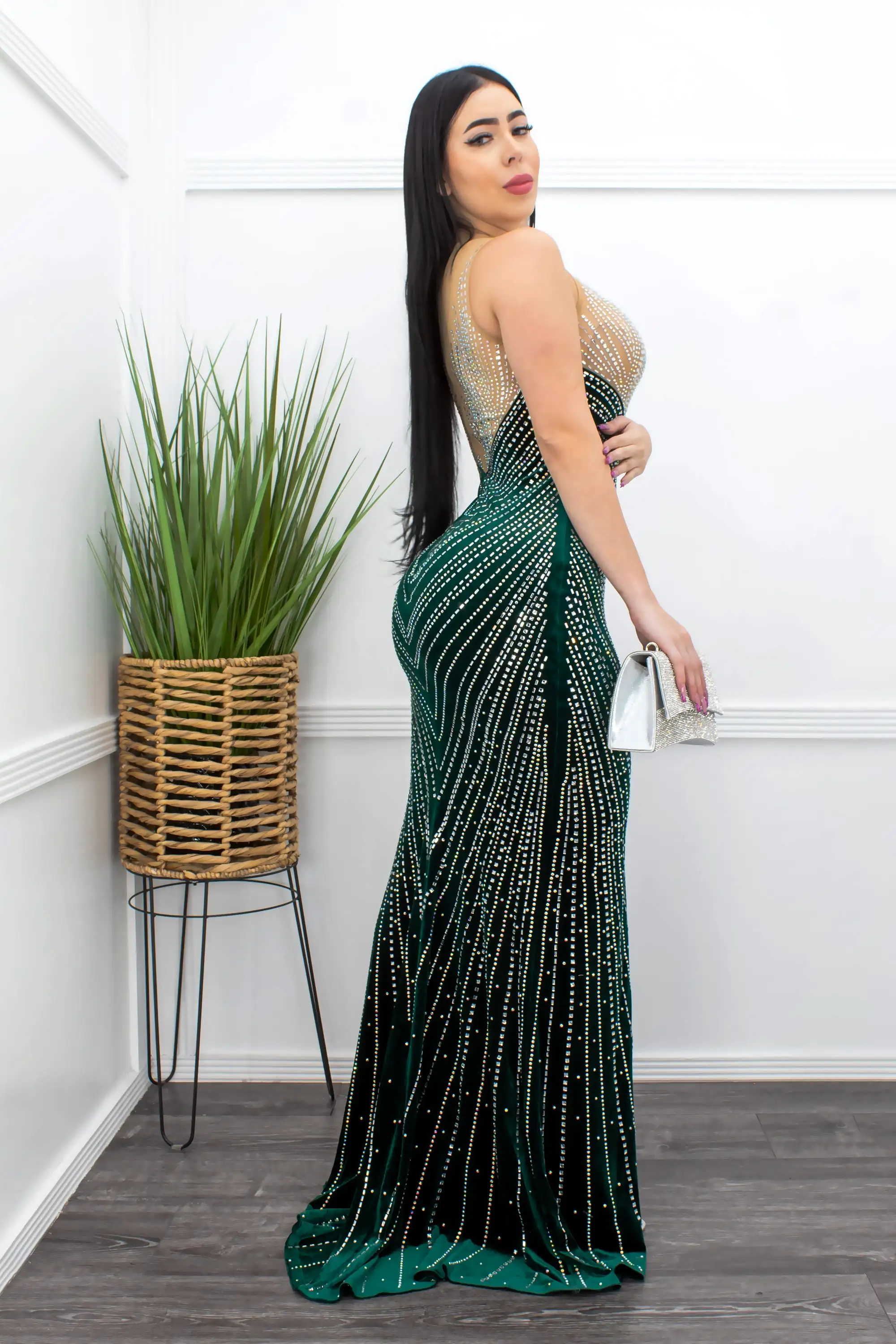 Embellished W Rhinestones Velvet Green Maxi Dress