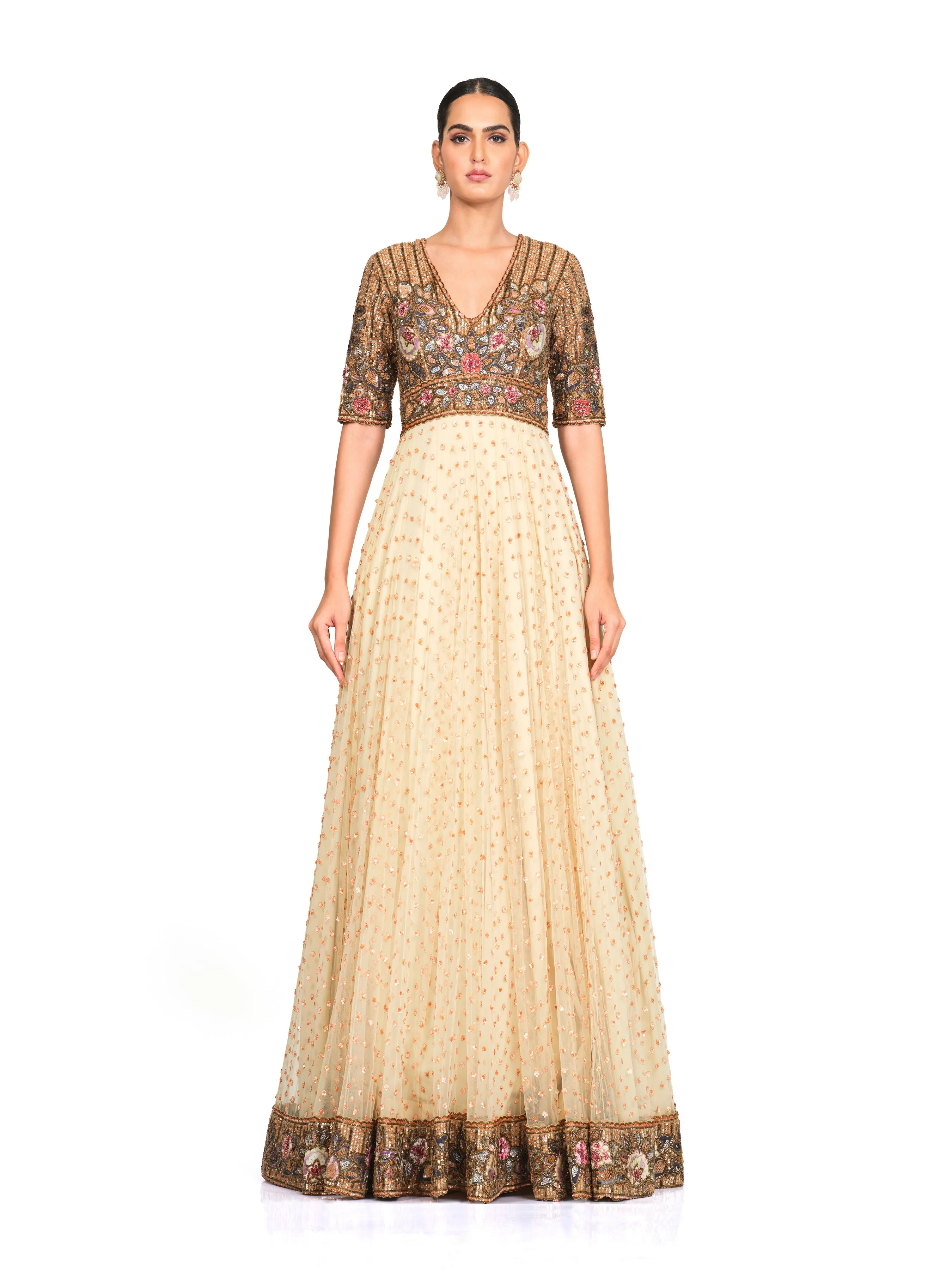 Embroidered Long Gown with Flare Bottom