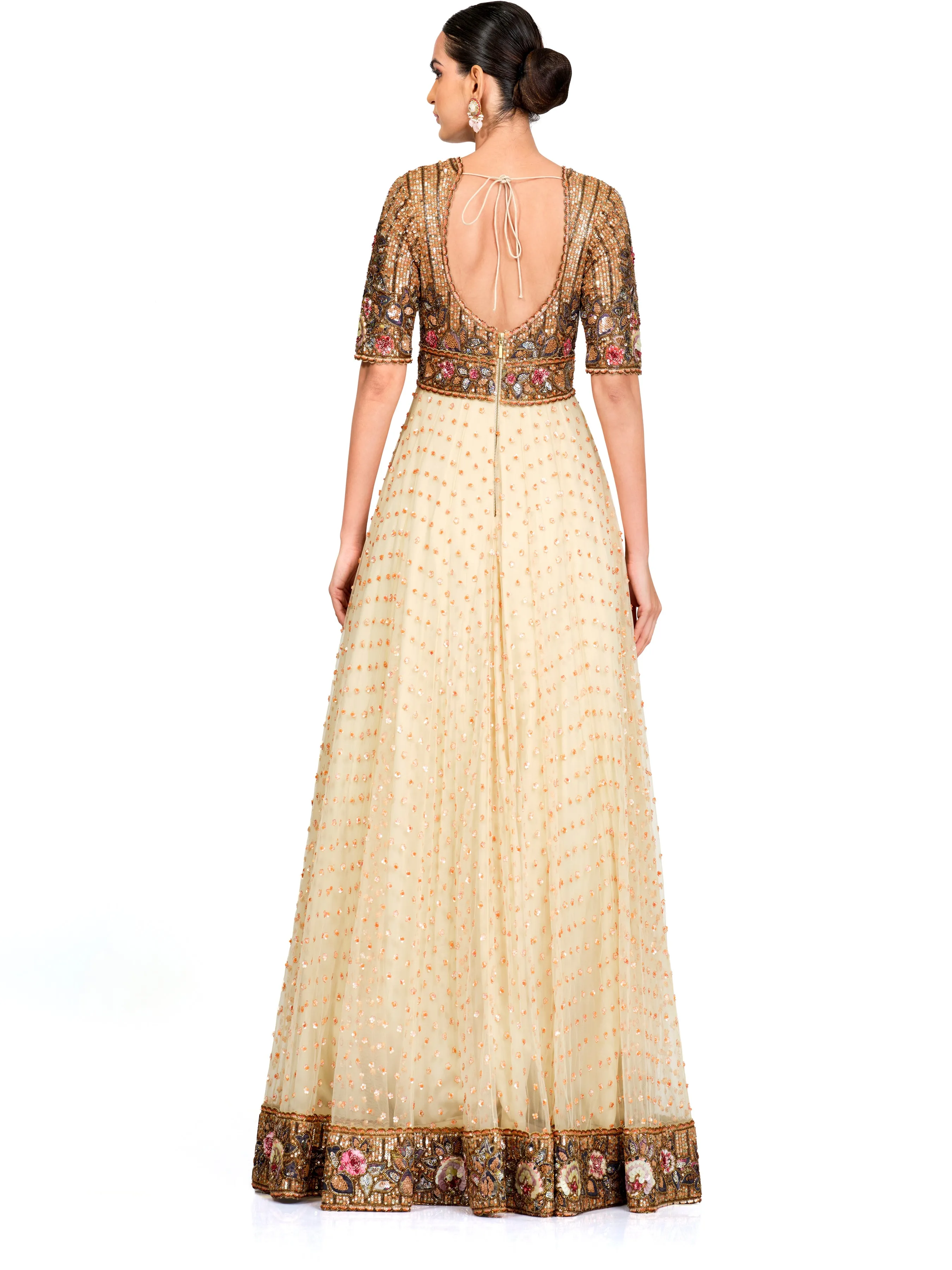 Embroidered Long Gown with Flare Bottom