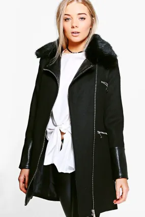 Freya Faux Fur Trim Biker Coat