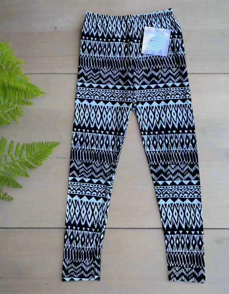 Girls Aztec Striped Leggings, Kids Yoga Pants, Size S/L, No-Roll Waist, Black/White