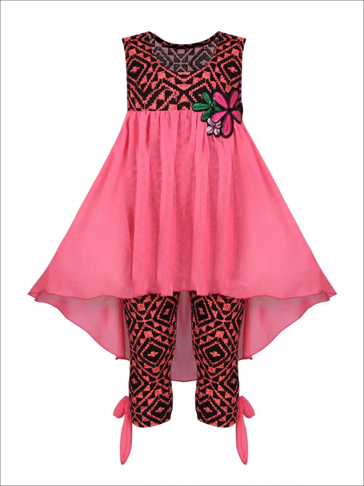 Girls Hi-Lo Flower Trim Ruffle Tunic And Legging Set