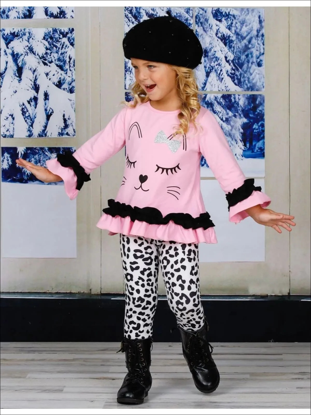 Girls Long Sleeve Kitty Face Ruffled Tunic and Animal Print Legging Set