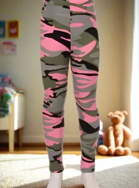 Girls Pink Camouflage Leggings, Kids Yoga Pants, Sizes S/L, No-Roll Waist, Pink/Gray