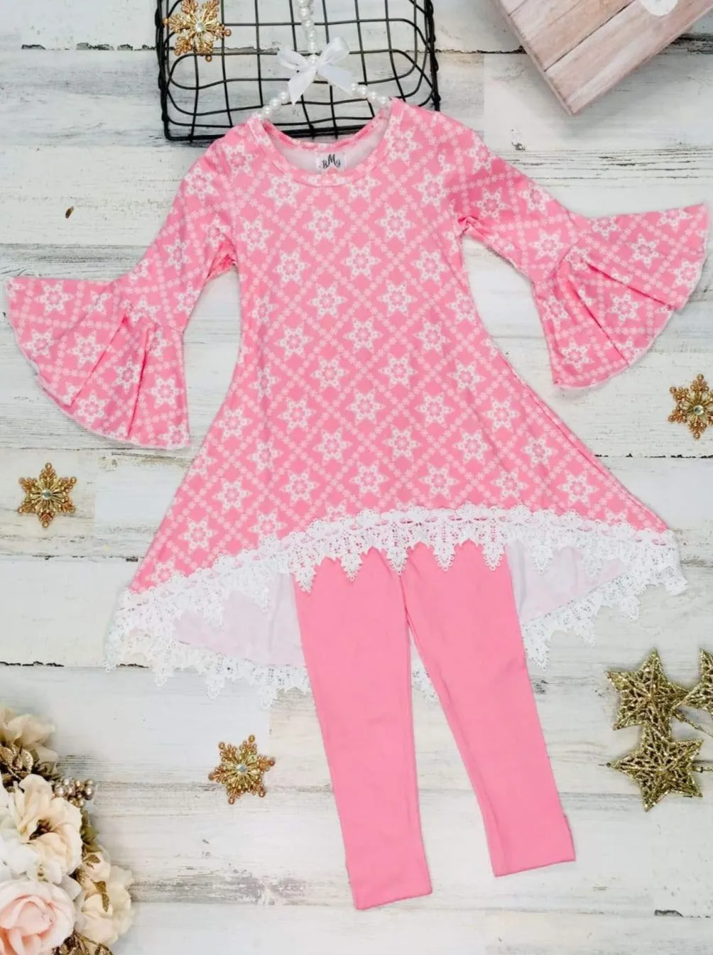 Girls Printed Hi-Lo Flared Long Sleeve Tunic And Matching Legging Set