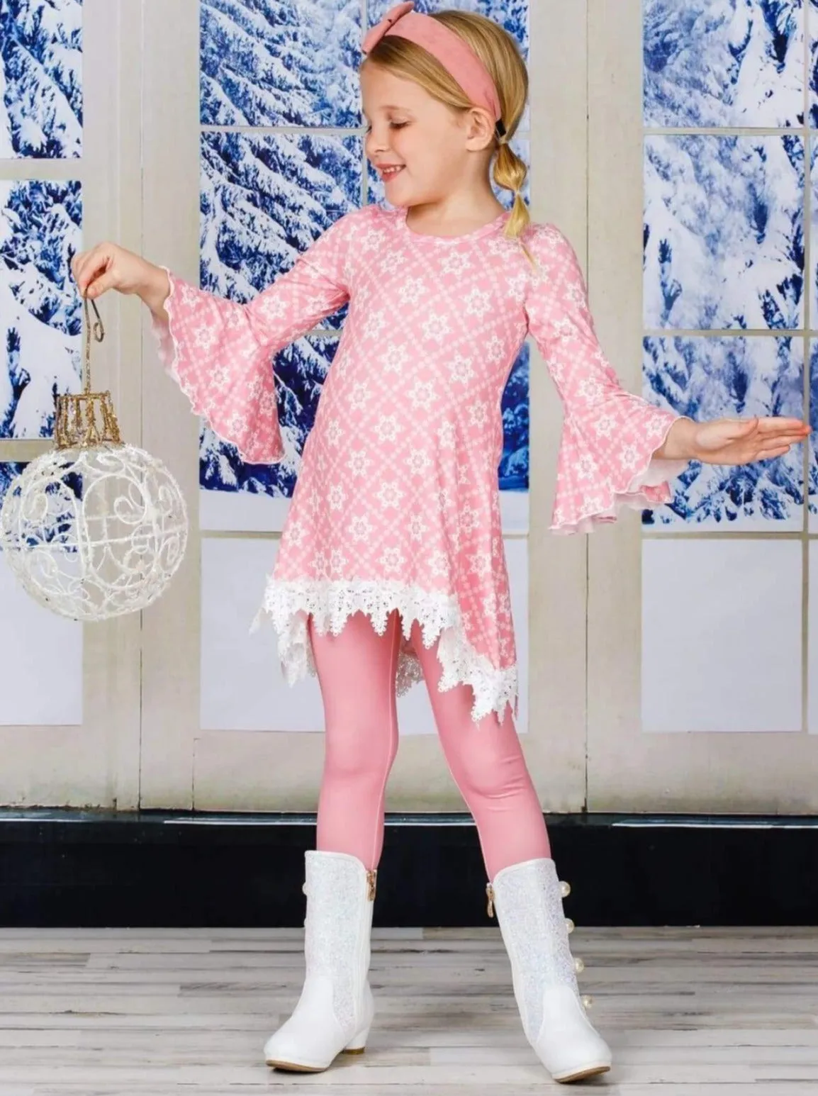 Girls Printed Hi-Lo Flared Long Sleeve Tunic And Matching Legging Set