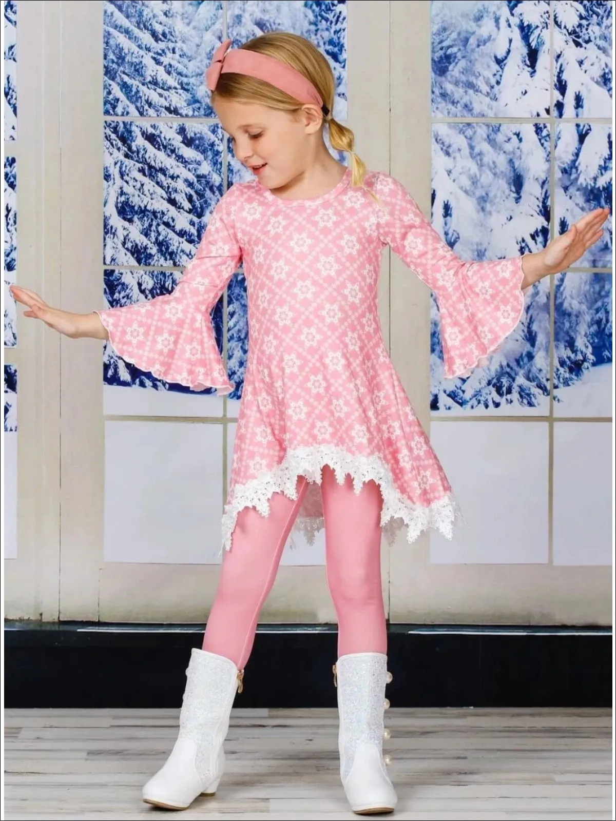 Girls Printed Hi-Lo Flared Long Sleeve Tunic And Matching Legging Set